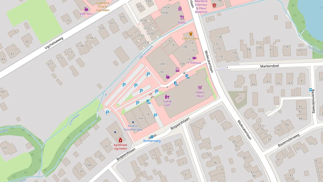 Kaart (OpenStreetMap) van de omgeving van de praktijk aan de Bogaardslaan 14 in Apeldoorn. Klik om de route te openen in Google Maps.
